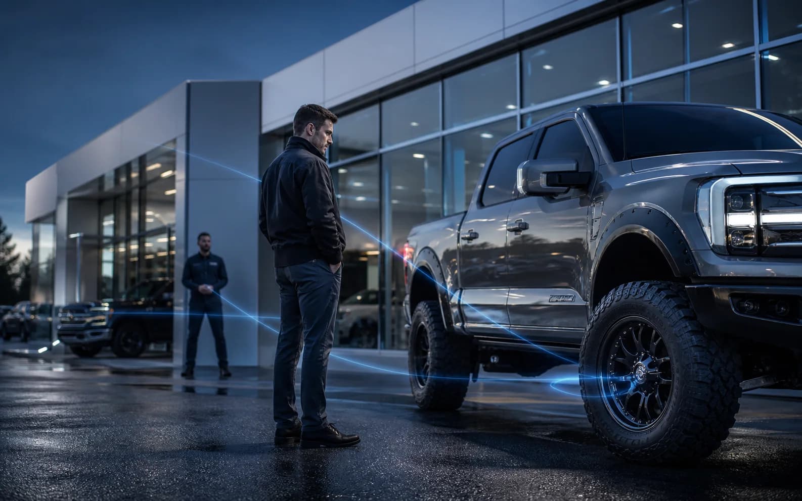 Shopper evaluating a customized truck at a modern dealership