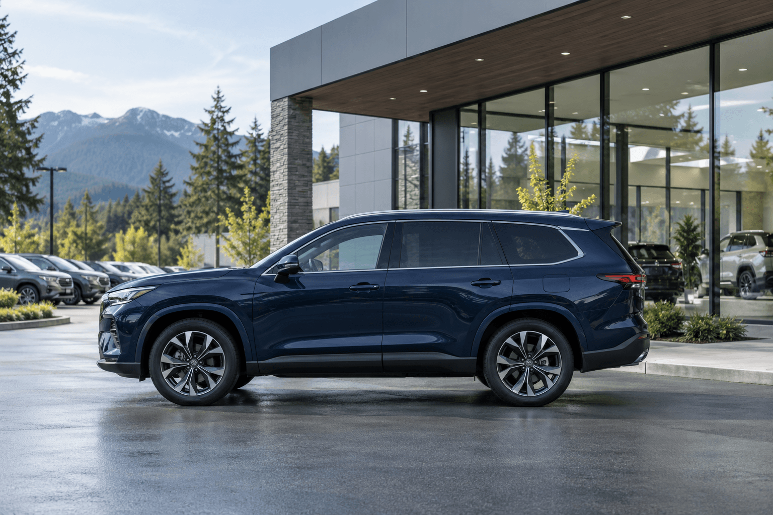 A navy SUV outside a glass-fronted dealership, illustrative product photography