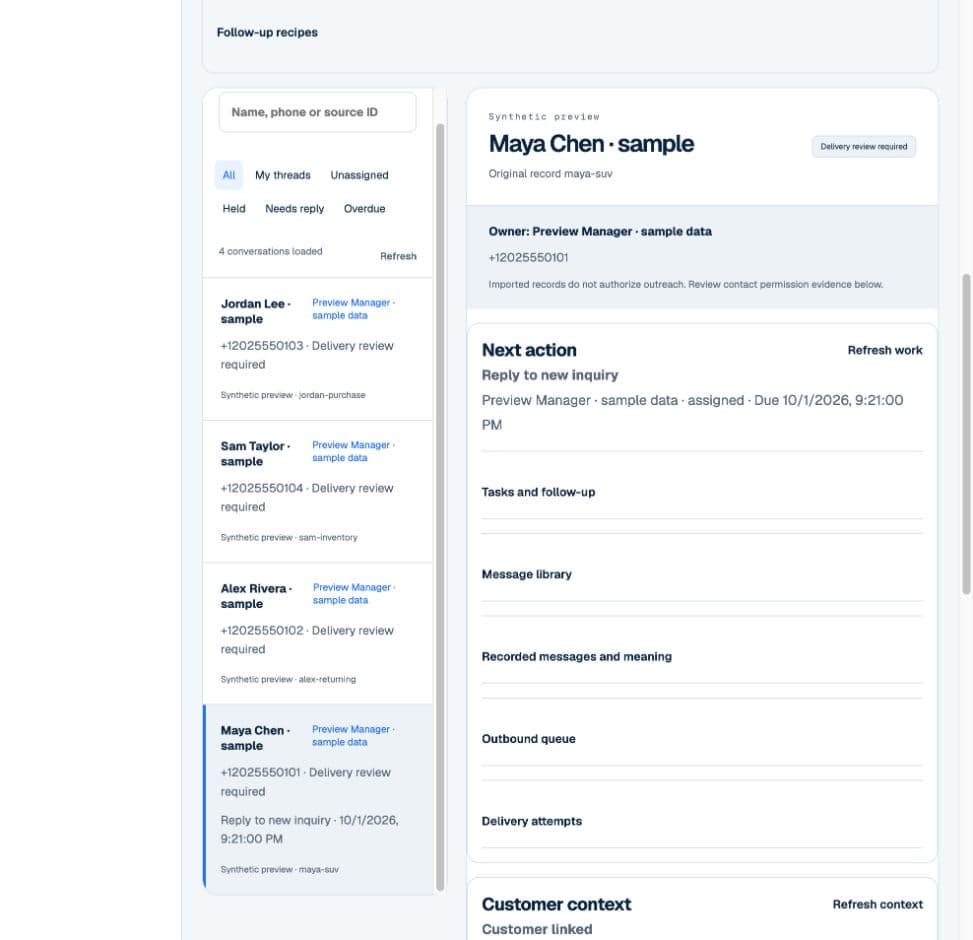 Actual Relay sample inbox with customer ownership, next action, message library, and outbound review queue