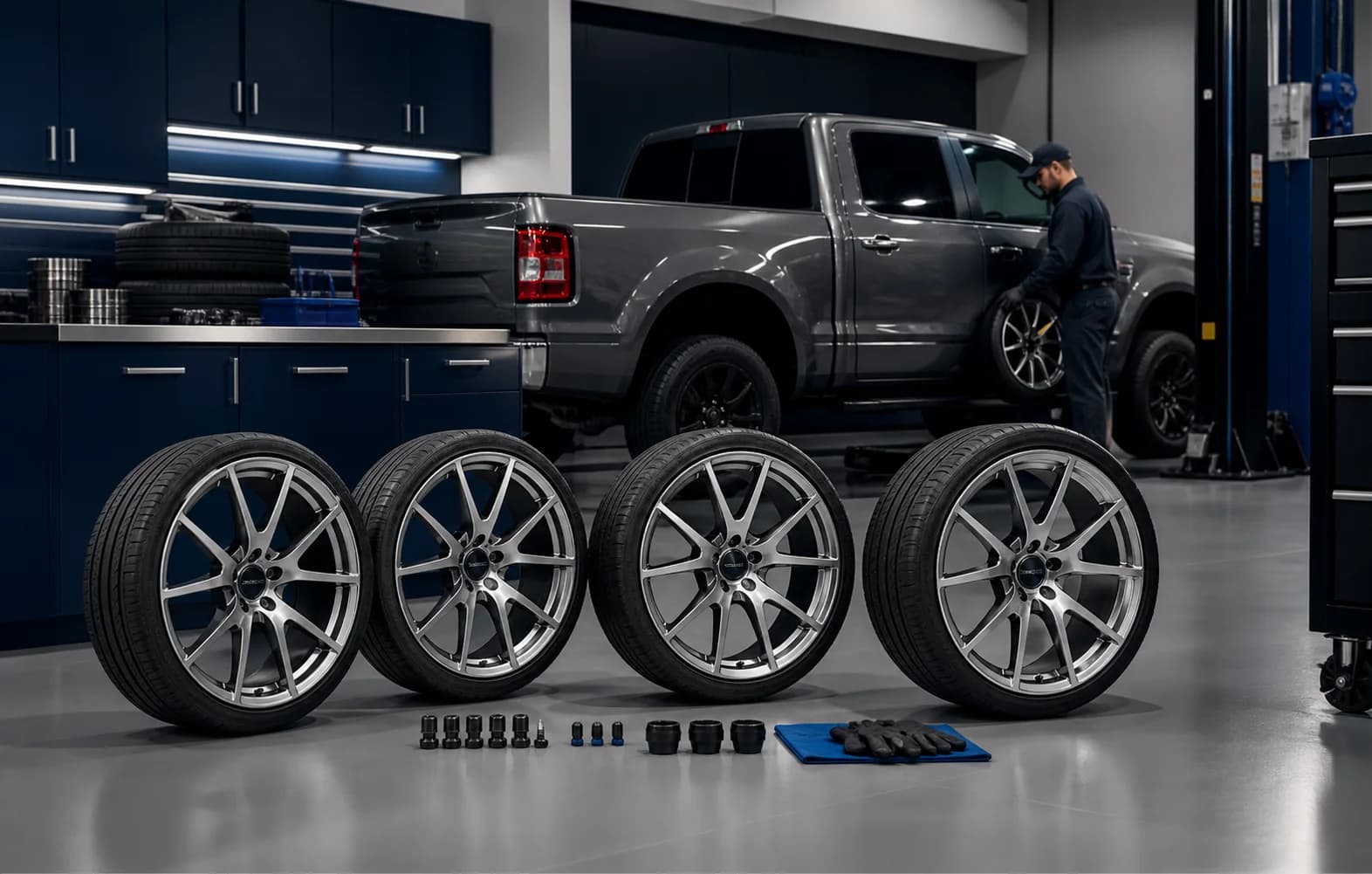 Complete wheel and tire package prepared for installation