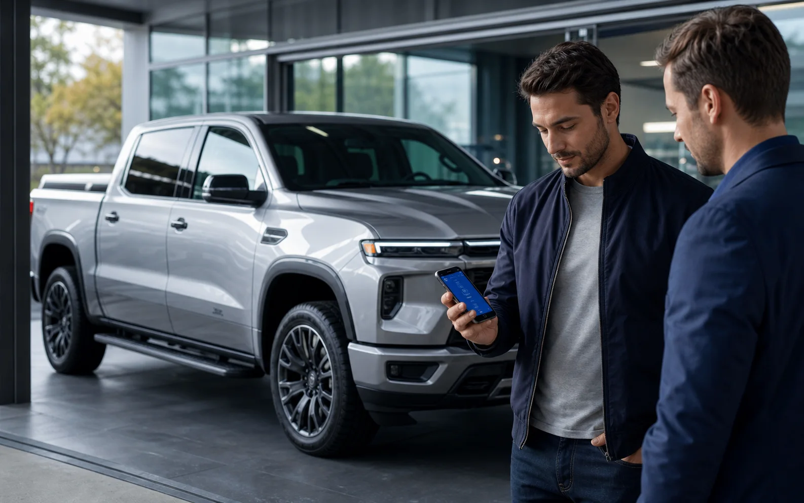 Vehicle buyer reviewing financing beside a configured pickup