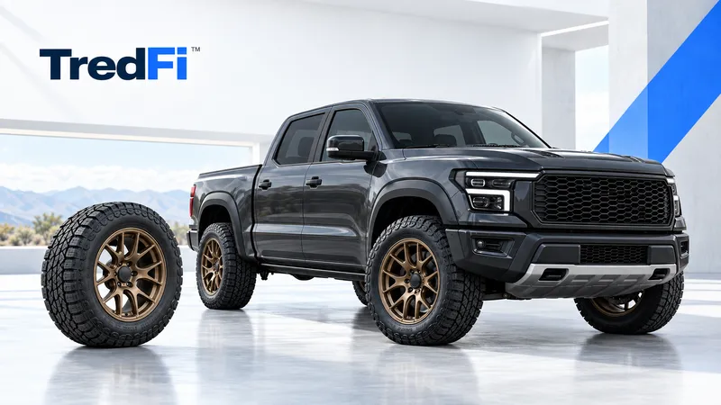 Illustrative TredFi campaign artwork with a charcoal pickup and bronze wheel-and-tire package.