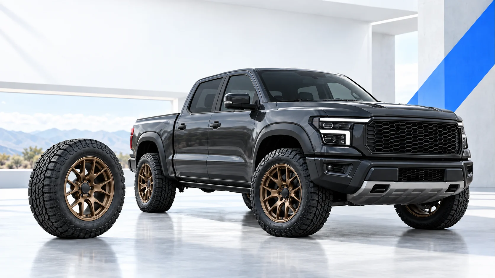 TredFi wheel-and-tire offer featuring a charcoal pickup with bronze wheels and a matching wheel-and-tire package.
